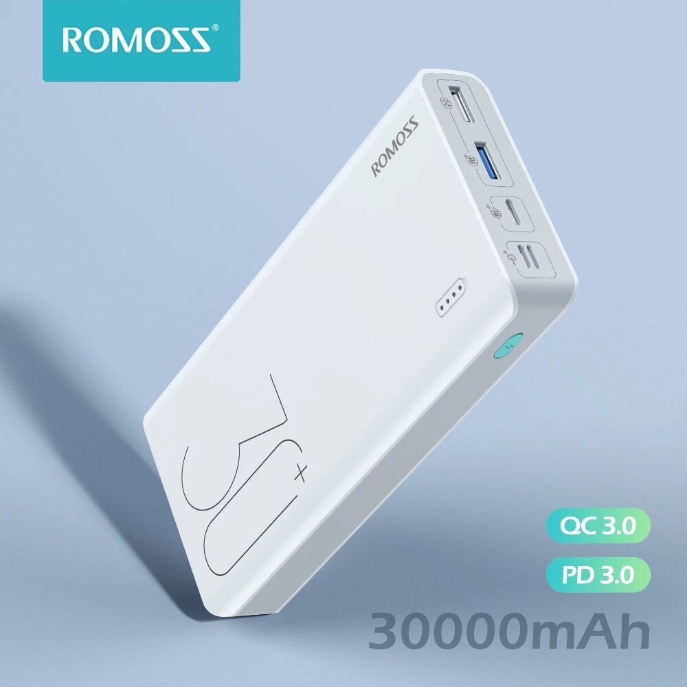

ROMOSS Sense 8+ Внешний аккумулятор 30000 мАч 3 входа и 3 выхода USB-C PD3.0 QC3.0 Быстрая зарядка 18 Вт для iPhone 12 P