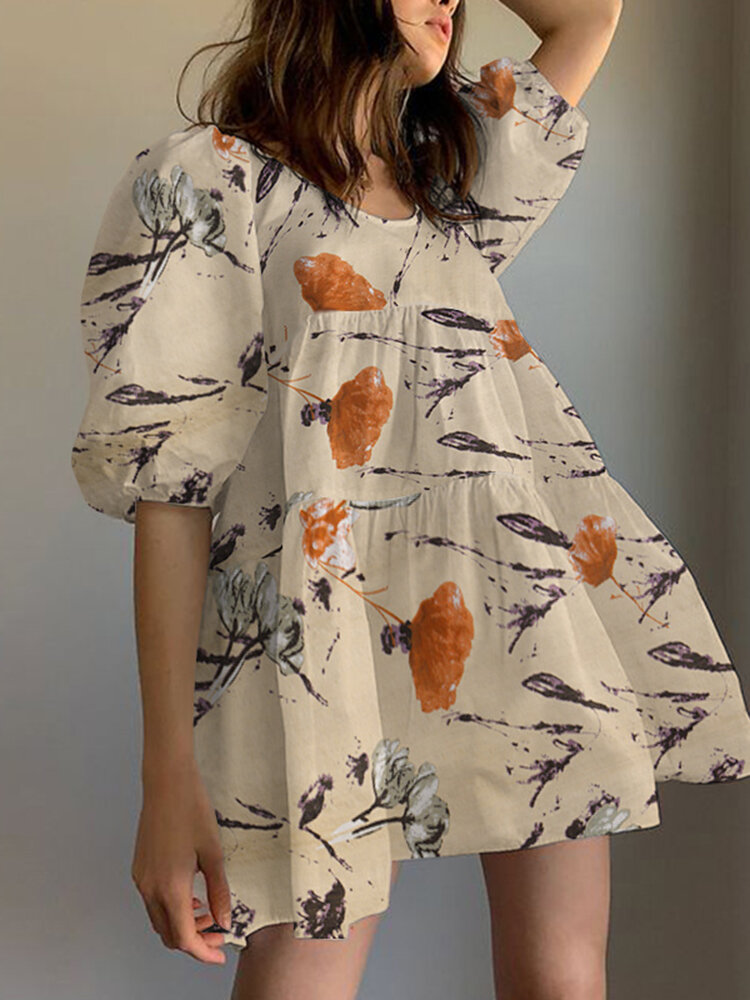 

Цветочный принт Круглый Шея Многоярусное повседневное мини-платье с объемными рукавами и плиссировкой Платье