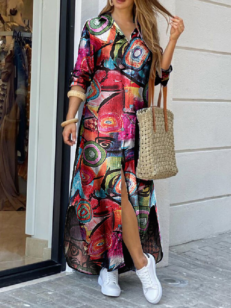 

Женщины Винтаж Макси с длинным рукавом с геометрическим принтом и отворотом с двойным карманом Рубашка Платья