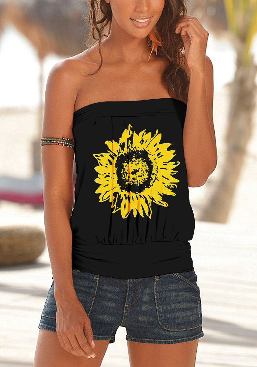 

Sunflower Print Strapless Sleeveless Summer Casual Cami For Women