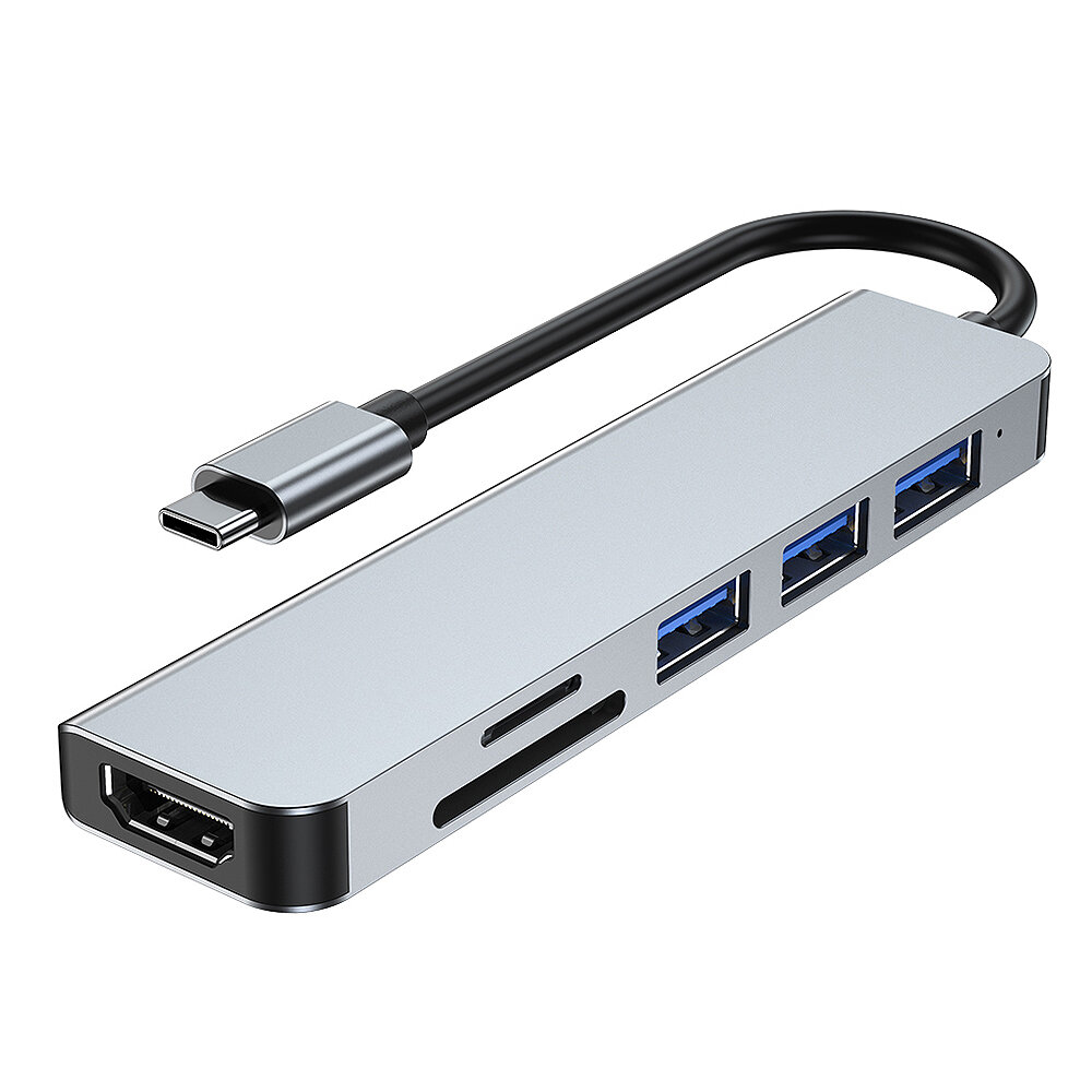 

6 в 1 Тип-С Док-станция Многопортовый адаптер USB-C на USB2.0 * 2 USB3.0 Поддержка HDMI Слот для чтения карт памяти SD/T