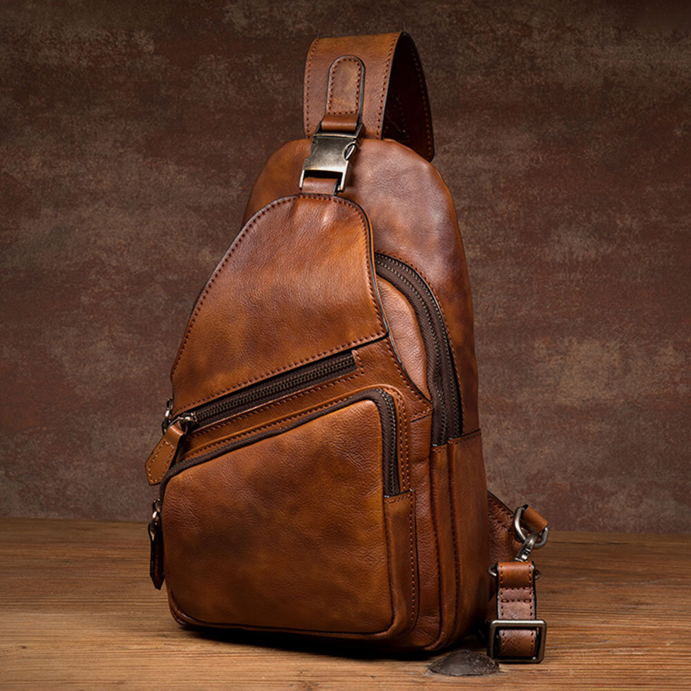 

Ekphero Men Multifunction Rub Color Wear-Resistant Chest Bag Vintage PU Leather Large Capacity Crossbody Bags