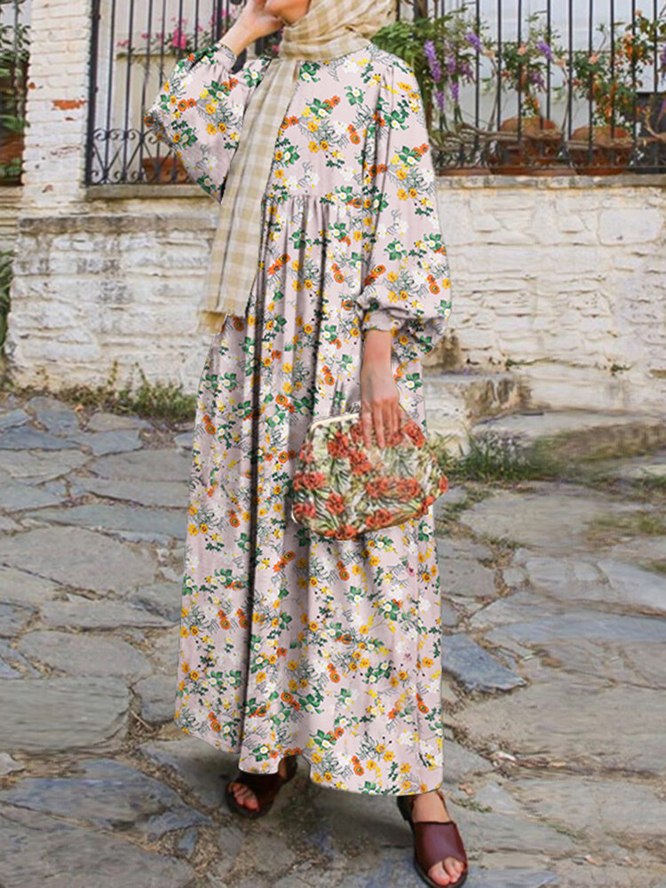 

Женщины Puff Sleeve Abaya Kaftan Floral Retro Ankle Длина Maxi Платье