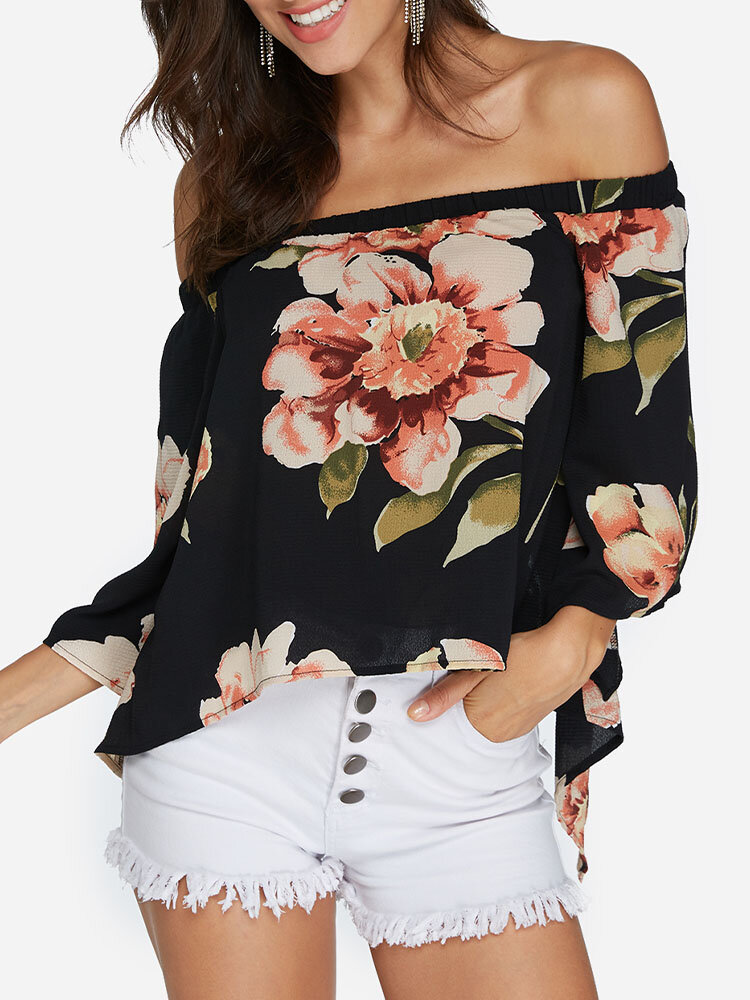 

Блузка с открытыми плечами Black Slit Дизайн Random с цветочным принтом