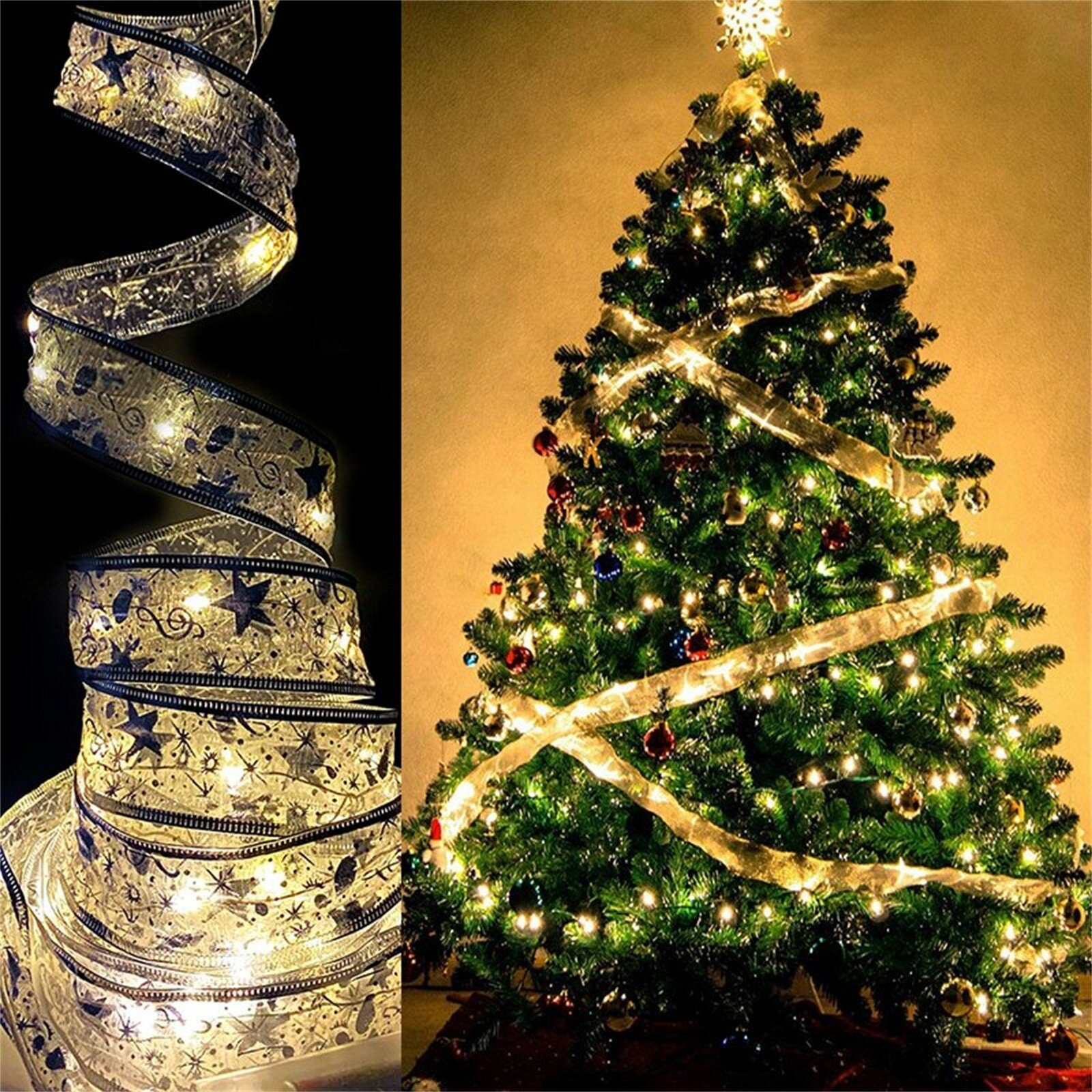 

4 м 40 светодиодные феи гирлянды, золото, серебро, лента с бантом, светодиодный свет для рождественской елки, украшения