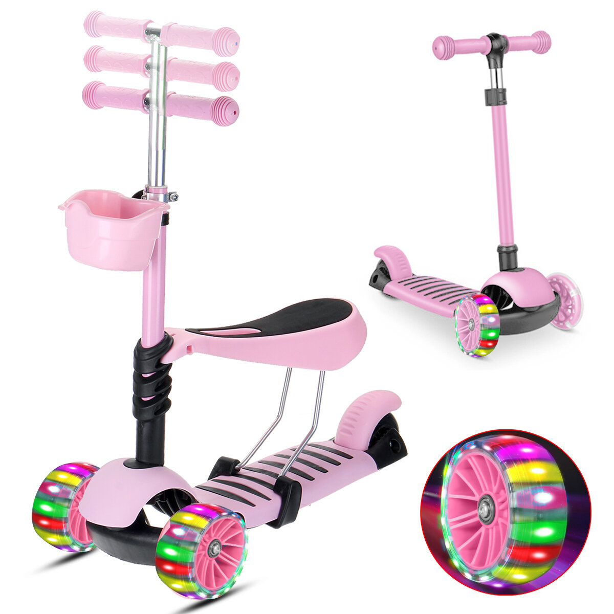 

2-в-1 LED Самокат Kick Kids 3 Мигающее колесо Регулируемая высота Балансировка Подарок для малышей