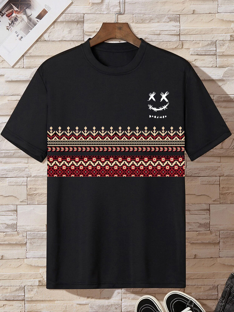 

Mens Smile Ethnic Geometric Print Crew Neck Short Sleeve T-Shirts