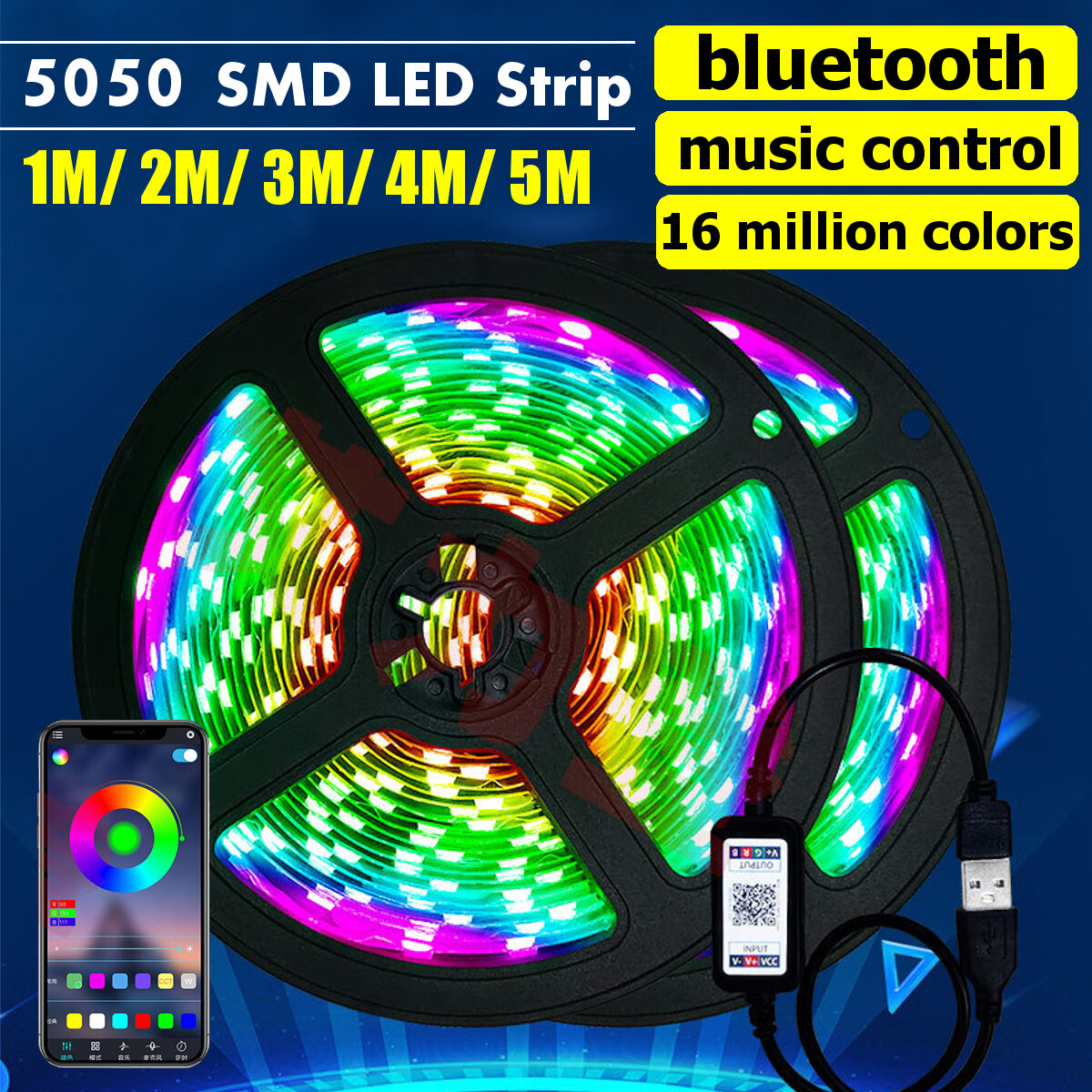 

1M / 2M / 3M / 4M / 5M 5050 SMD Bluetooth APP Smart LED Полоса света USB Водонепроницаемы RGB ТВ фоновая подсветка панел