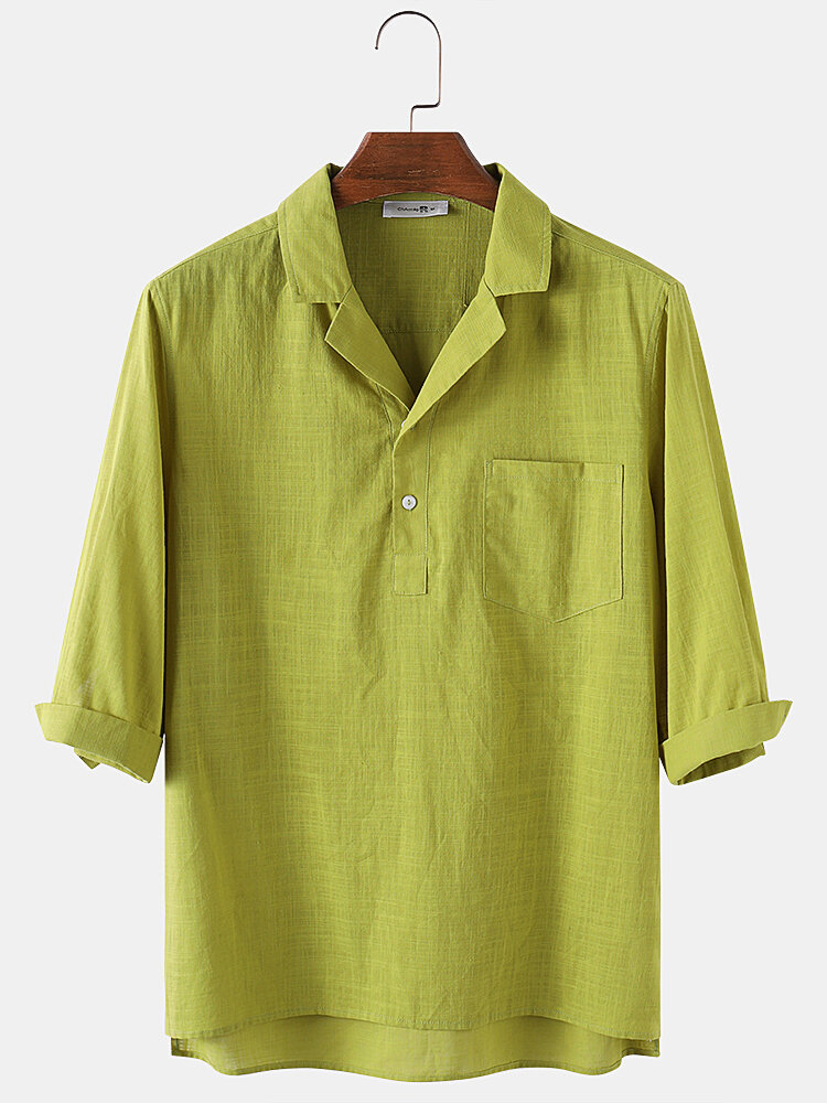 

Banggood Designed Mens Solid Color Chest Pocket Revere Collar 100%Cotton Henley Shirts