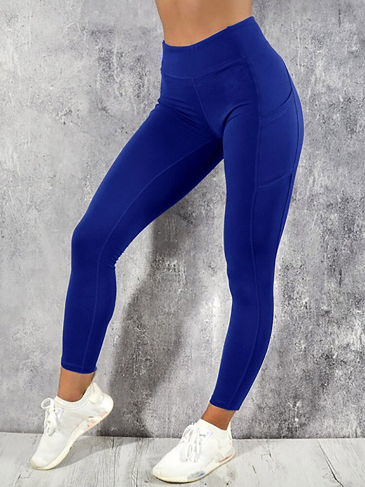 

Women Solid Color Pocket Yoga Sport Bodycon Leggings