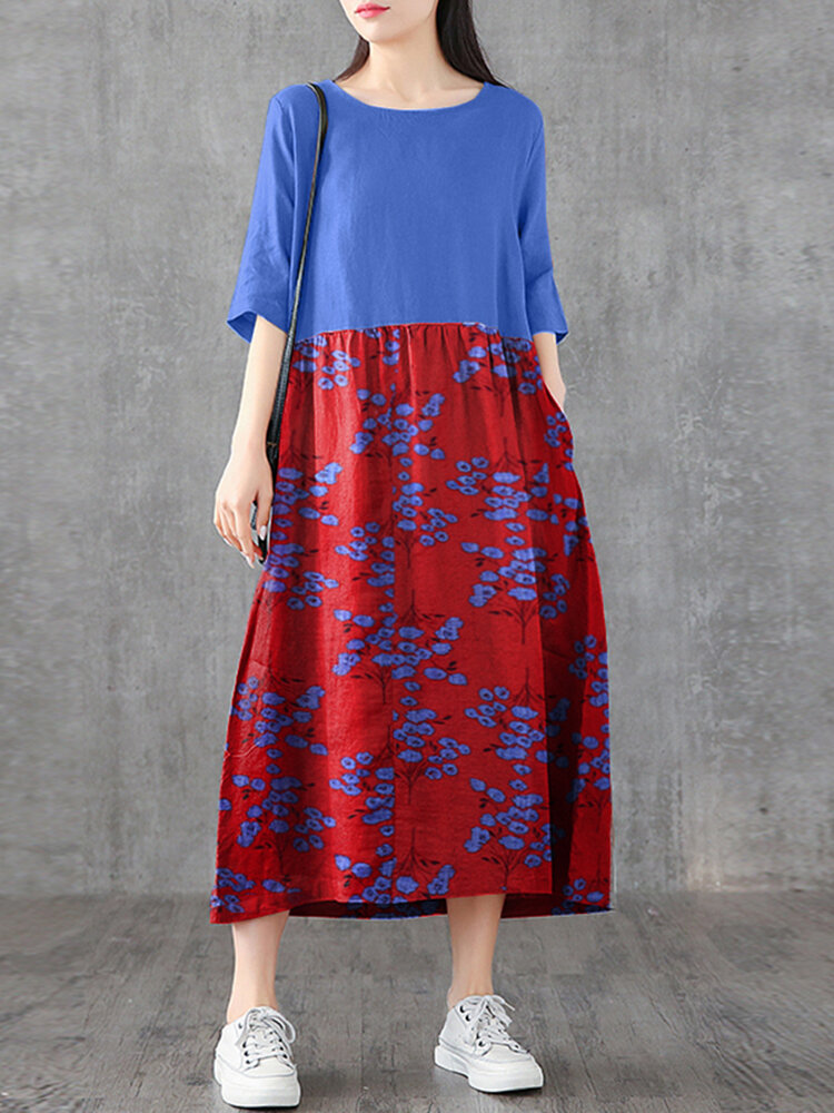 

Женщины Цветочный принт Пэчворк O-образным вырезом Половина рукава Свободные повседневные Платье С карманом