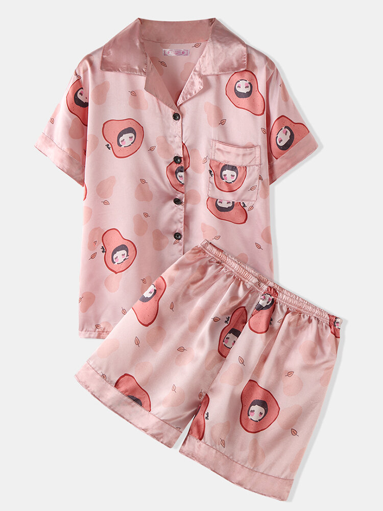 

Women Funny Cartoon Avocado Print Revere Collar Breathable Short Sleeve Home Smooth Pajama Set