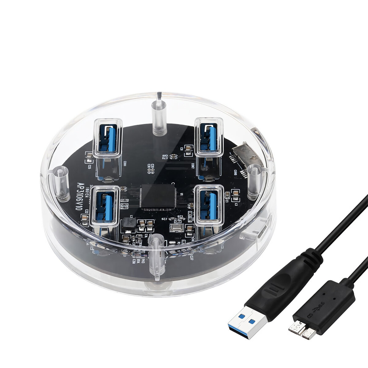 

E-yield 4-портовый концентратор USB3.0 5 Гбит / с Высокоскоростной круглый прозрачный корпус Настольная док-станция для