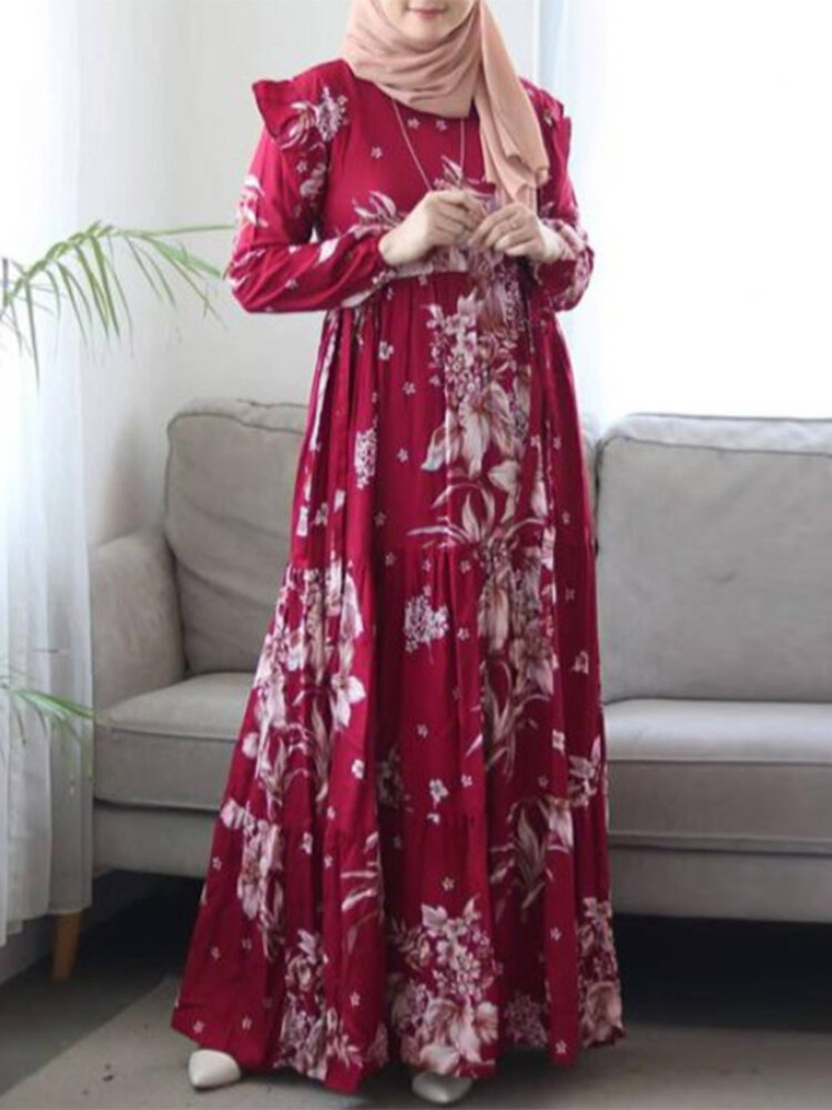 

Женщины Цветочные печатные оборки Декоративные эластичные манжеты Кафтан Туника Midi Платье