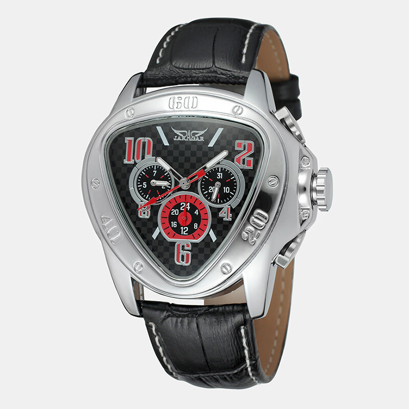 

JARAGAR 6516 Fashion Men Automatic Watch Creative Triangle Dial Week Date Display Genuine Leather Mechanical Watch