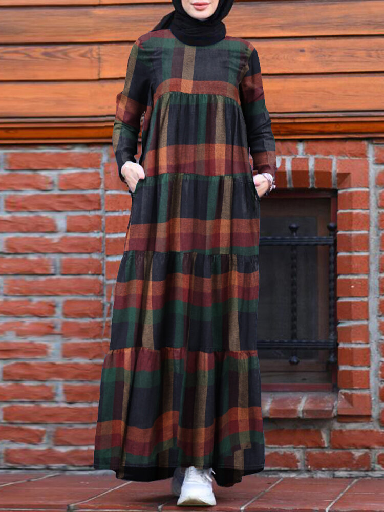 

Женские многоярусные круглые клетчатые платья Шея Винтаж Макси-платья с длинным рукавом и карманом