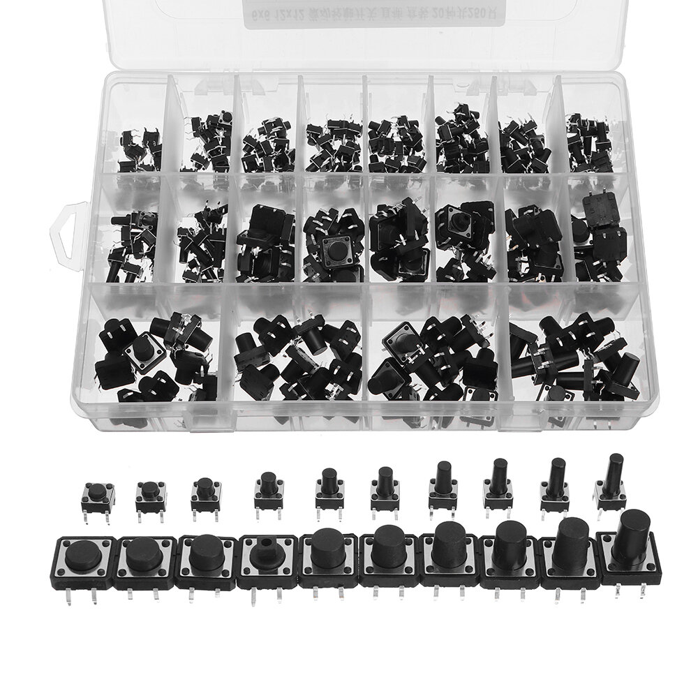

250Pcs 6 x 6mm 12 x 12mm 20 Value 4 Pins Tactile Push Button Switch Micro Momentary Tact Assortment Kit