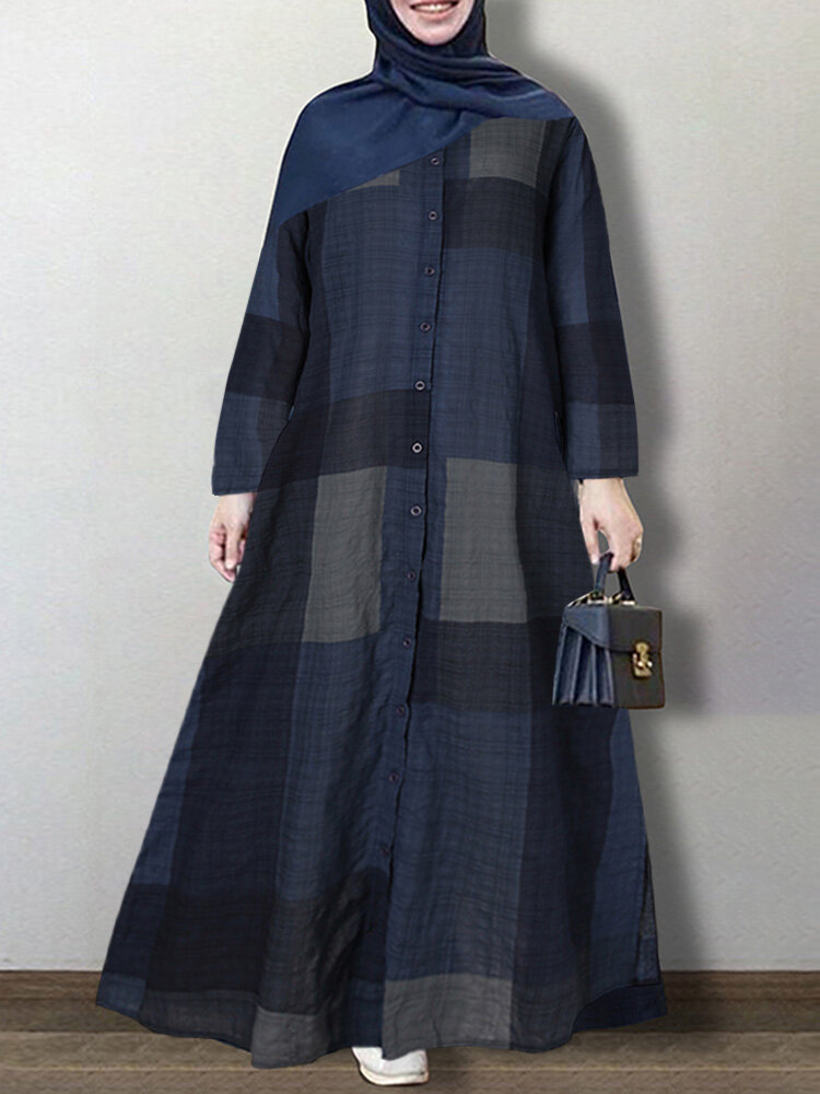 

Женские повседневные клетчатые отворотом с длинным рукавом на пуговицах Винтаж Рубашка Макси-платья с карманом