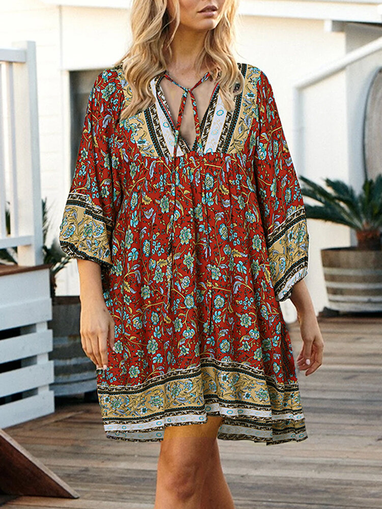 

Ethnic Style Floral Print V-Neck Lace-Up Bohemian Holiday Casual Mini Dress For Women