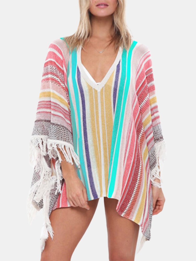 

Women Colorful Striped Crochet Tassel V-Neck Sun Protection Cover Ups