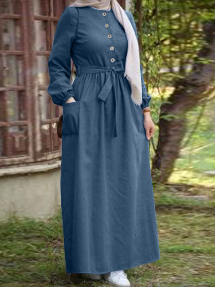 

Женская простая пуговица спереди на шнуровке, эластичная Манжеты Винтаж Макси с длинным рукавом Платье с карманом