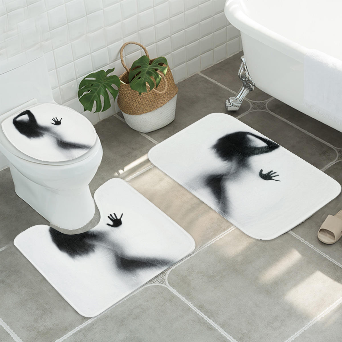 

3Pcs / Set Ванная комната Коврики для ковриков Женская тень Противоскользящий коврик для душа Туалетный коврик Пол коври