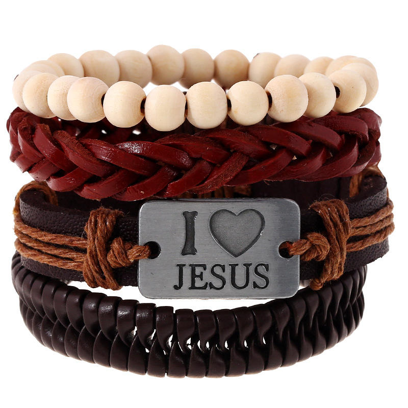 

Религиозный I Love Jesus Браслет Cowhide Многослойный браслет Белый деревянный браслет из бисера для мужчин