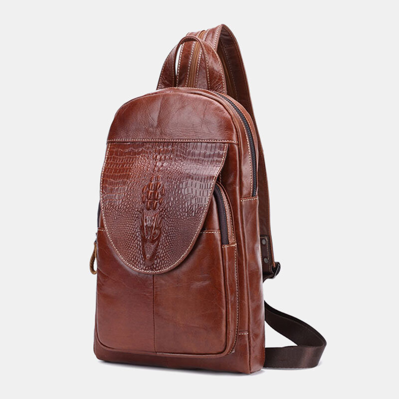 

Ekphero Men Genuine Leather Multi-pocket Crocodile Pattern Chest Bag Multifunction Anti-theft Crossbody Shoulder Bag