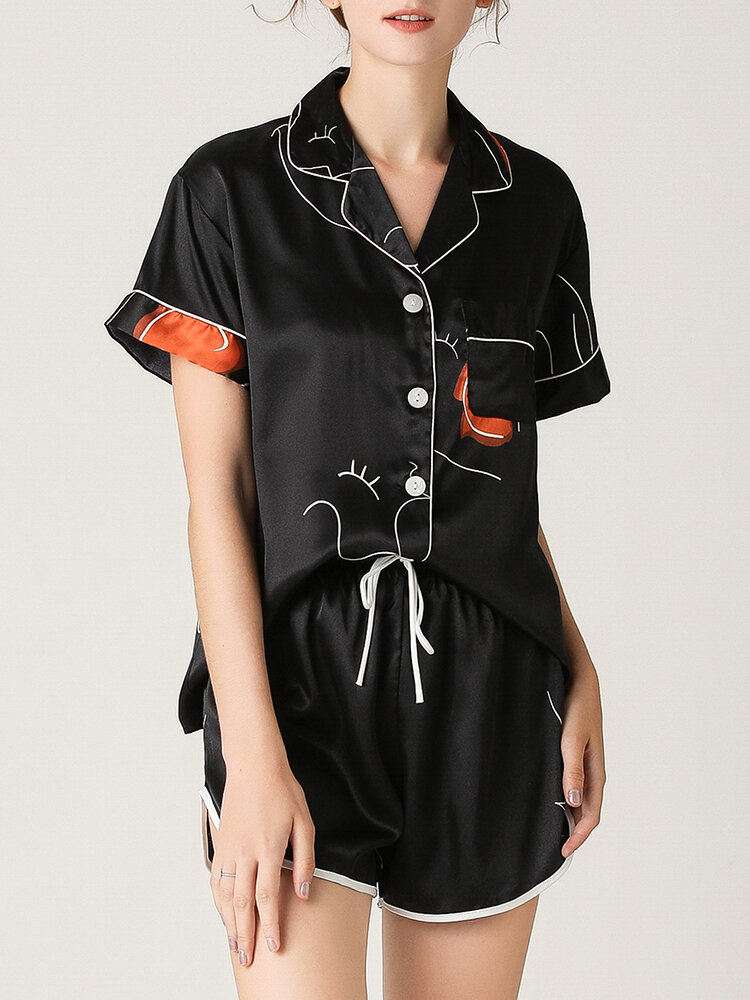 

Women Abstract Graffiti Print Revere Collar Short Sleeve Black Home Pajama Set