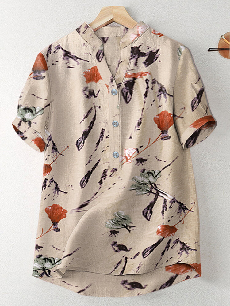 

Блузка с короткими рукавами и V-образным вырезом на пуговицах с цветочным принтом Random
