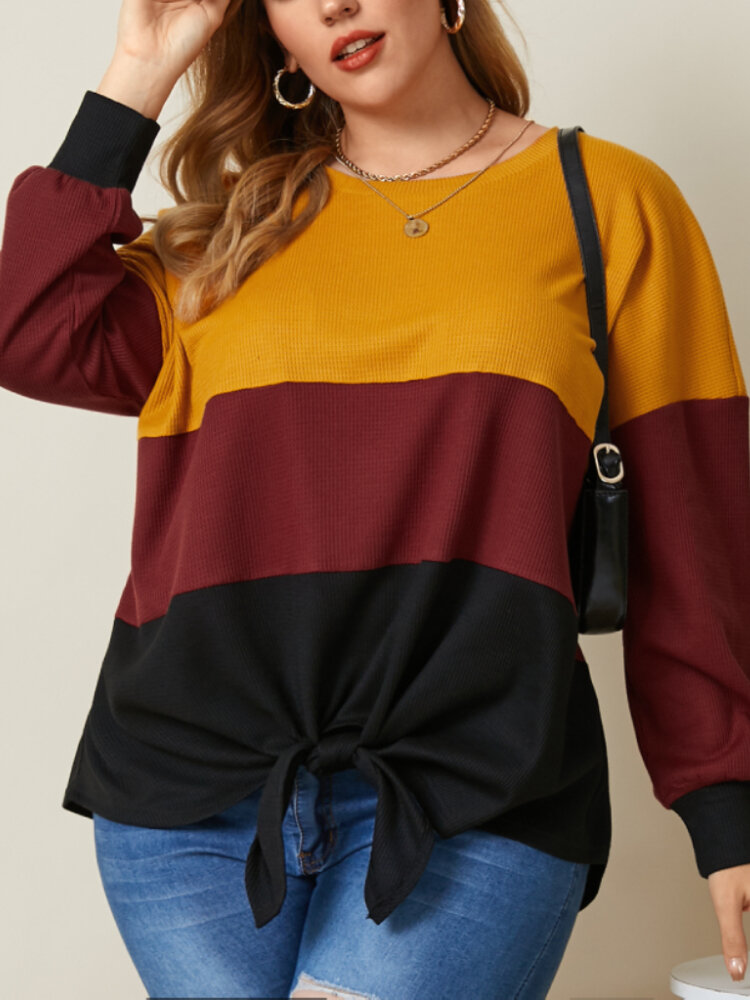 

Women Tricolor Color Block Patchwork Waffle Knit Knotted Casual Plus Size Blouse