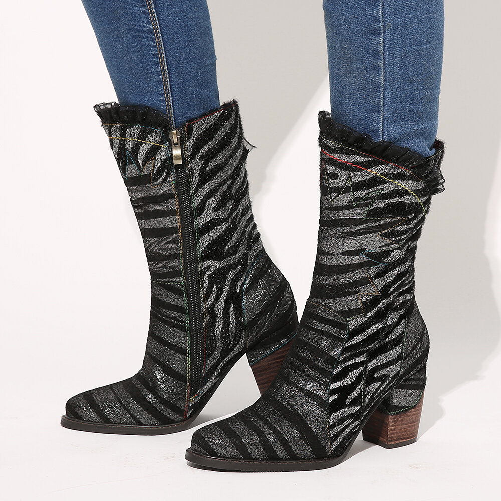 

SOCOFY Ladies Lace Дизайн Metal Color Zebra Шаблон Остроконечный носок на молнии на каблуке Western Ботинки