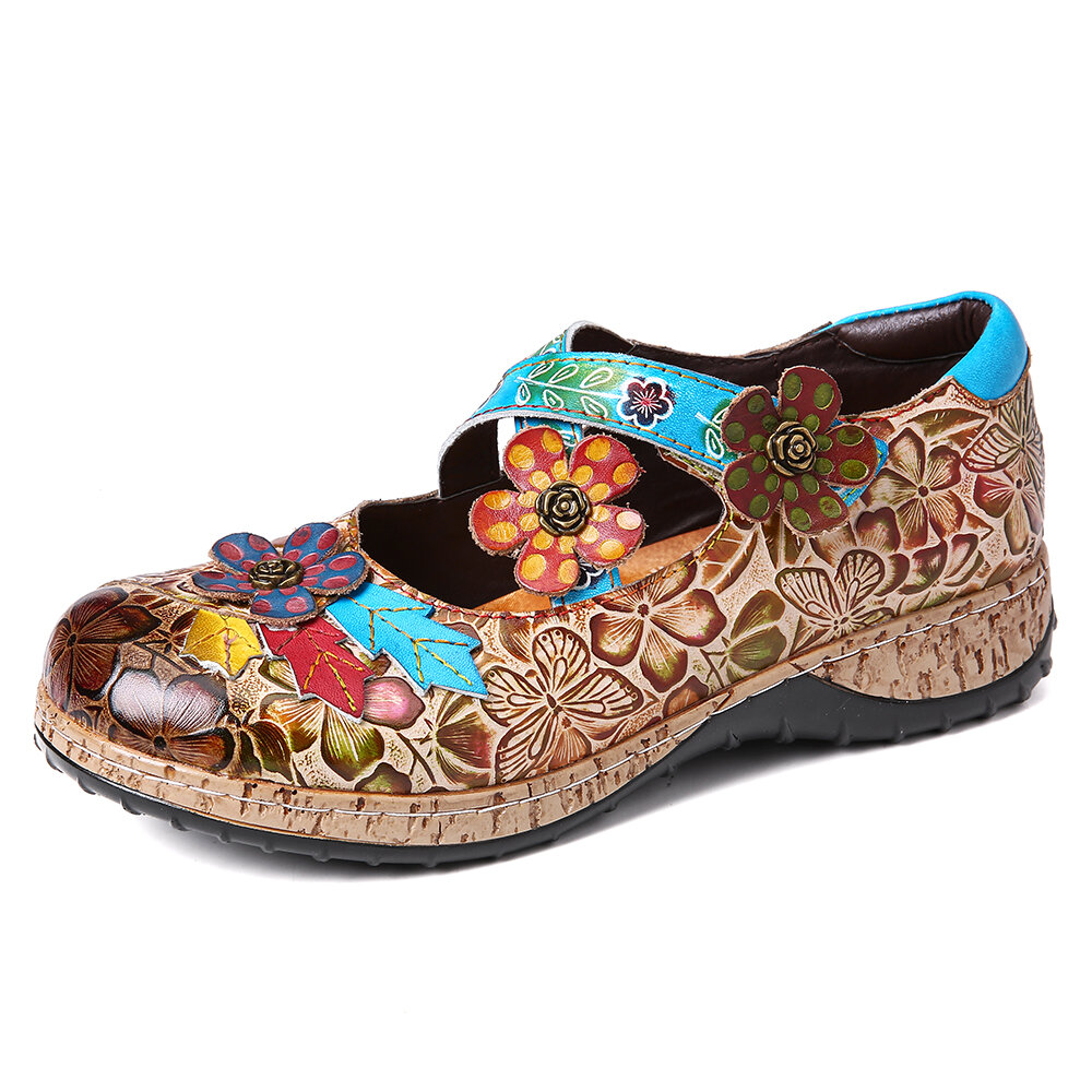 

SOCOFY Ретро Цветочные Натуральная Кожа Сращивание цветов с перекрестным ремешком Крюк Туфли на плоской подошве Loop