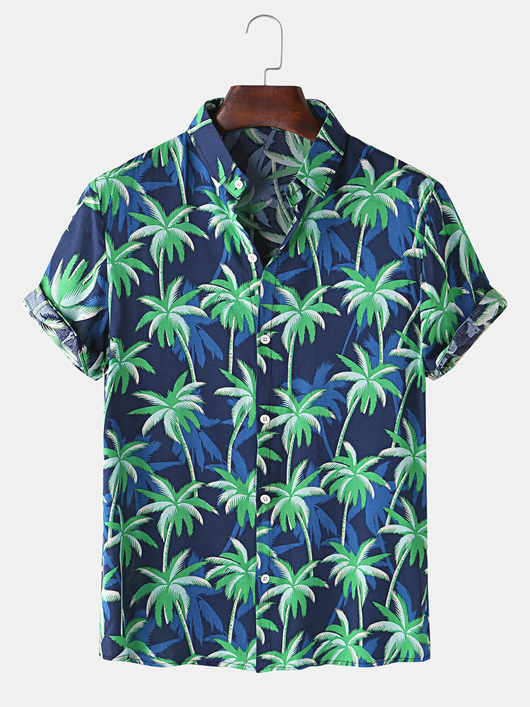 

Мужская Кокос Tree Print Fold Down Воротник с коротким рукавом Гавайи Праздничные рубашки