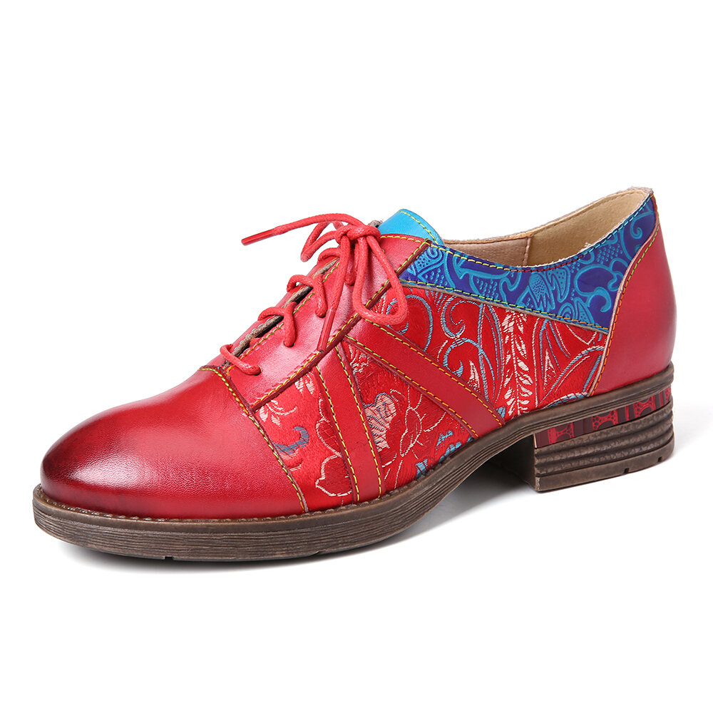 

SOCOFY Retro Embossed Flower Splicing Genuine Leather Lace Up Block Shoes