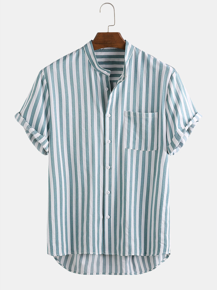 

Mens Cotton Stripe Stand Collar Chest Pocket Short Sleeve Casual Shirts