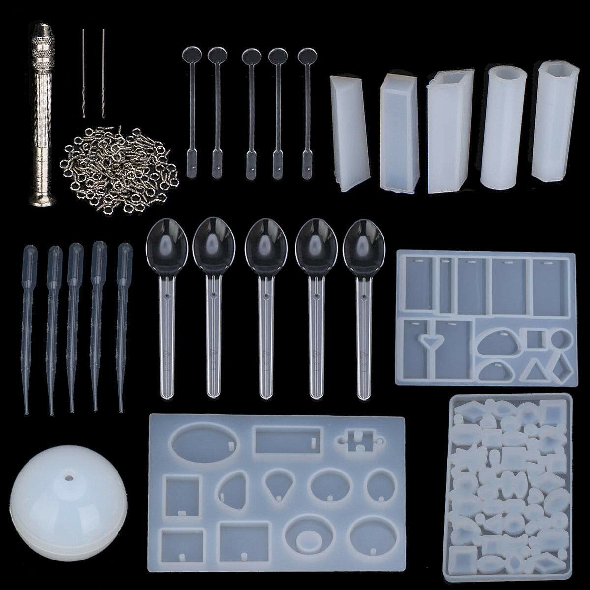 

77Pcs/Set Crystal Epoxy Resin Silicone Pendant Casting Mould Kit Transparent Jewelry Making Mold Spoons Cups Sticks for