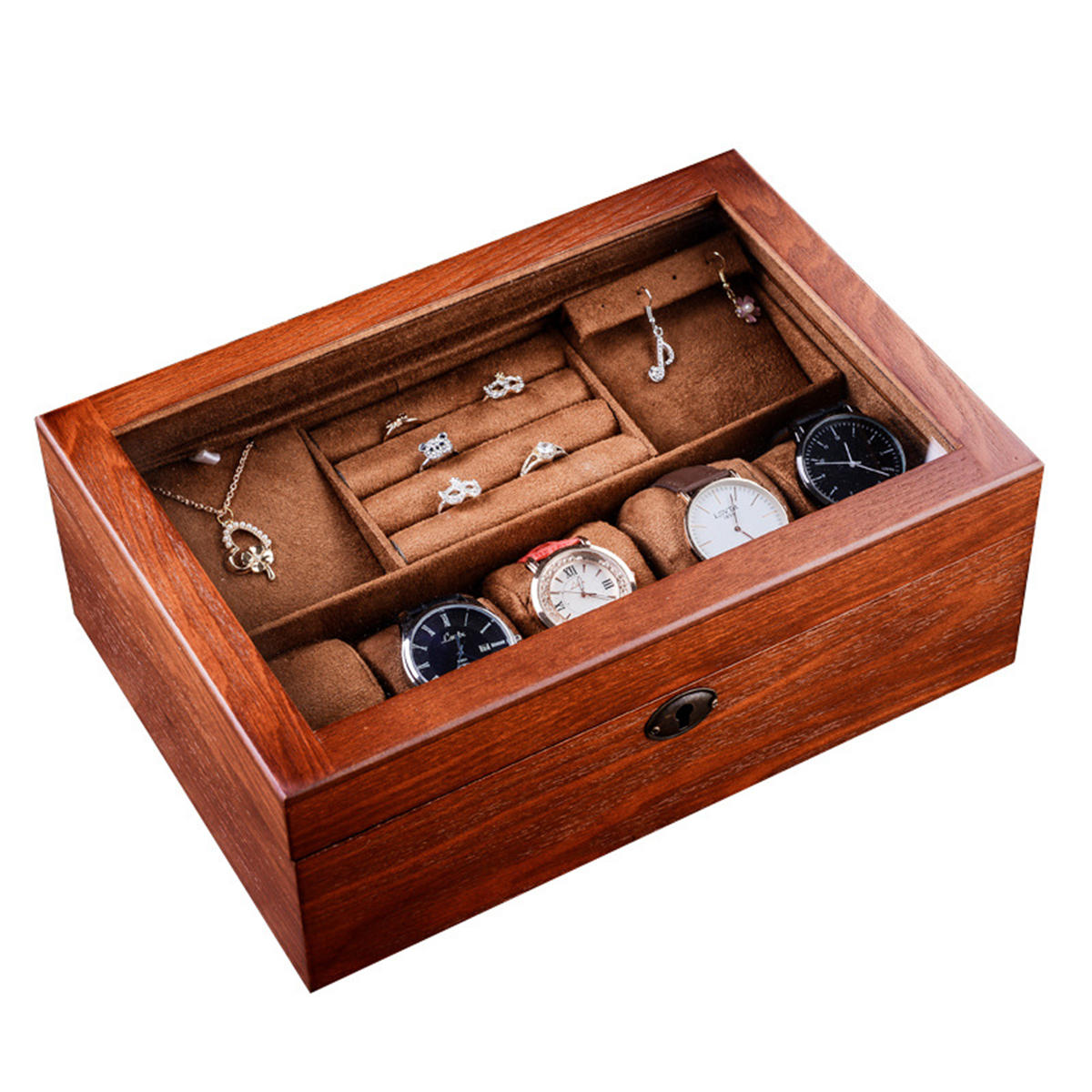 

Деревянные часы 2 слоя ювелирных изделий Колье Кольца Дисплей Органайзер Хранение Чехол Коробка