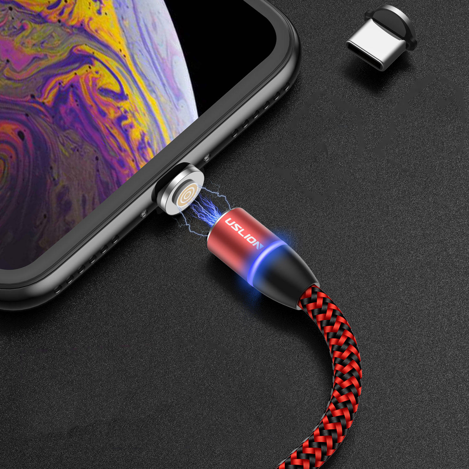 

USLION 3A LED 360 Degree Rotate Magnetic TPE Fast Charging 1M Type-C Data Cable for Samsung S10+ Note8 HUAWEI P30Pro