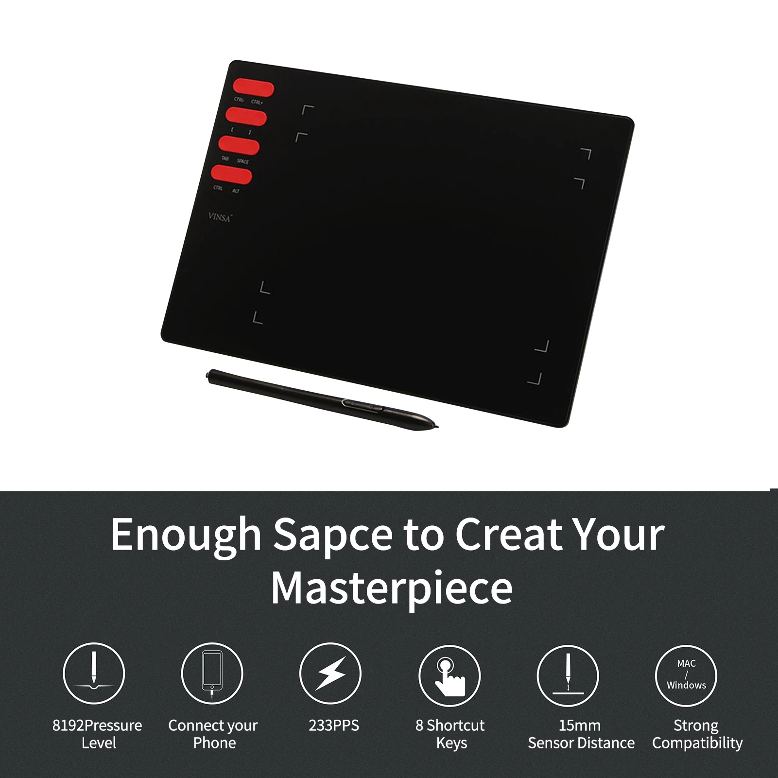 Find VINSA T505 Graphics Drawing Tablet Ultralight Creation With Battery-free Stylus 30 Pen Nibs 8192 Levels Pressure 8 ShortcutKeys for Sale on Gipsybee.com with cryptocurrencies