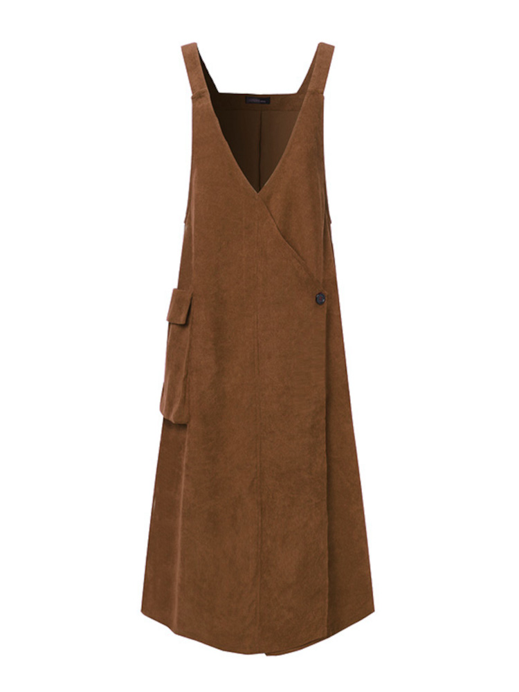 Women Corduroy V-Neck Sleeveless Solid Retro Casual Pockets Dress 9