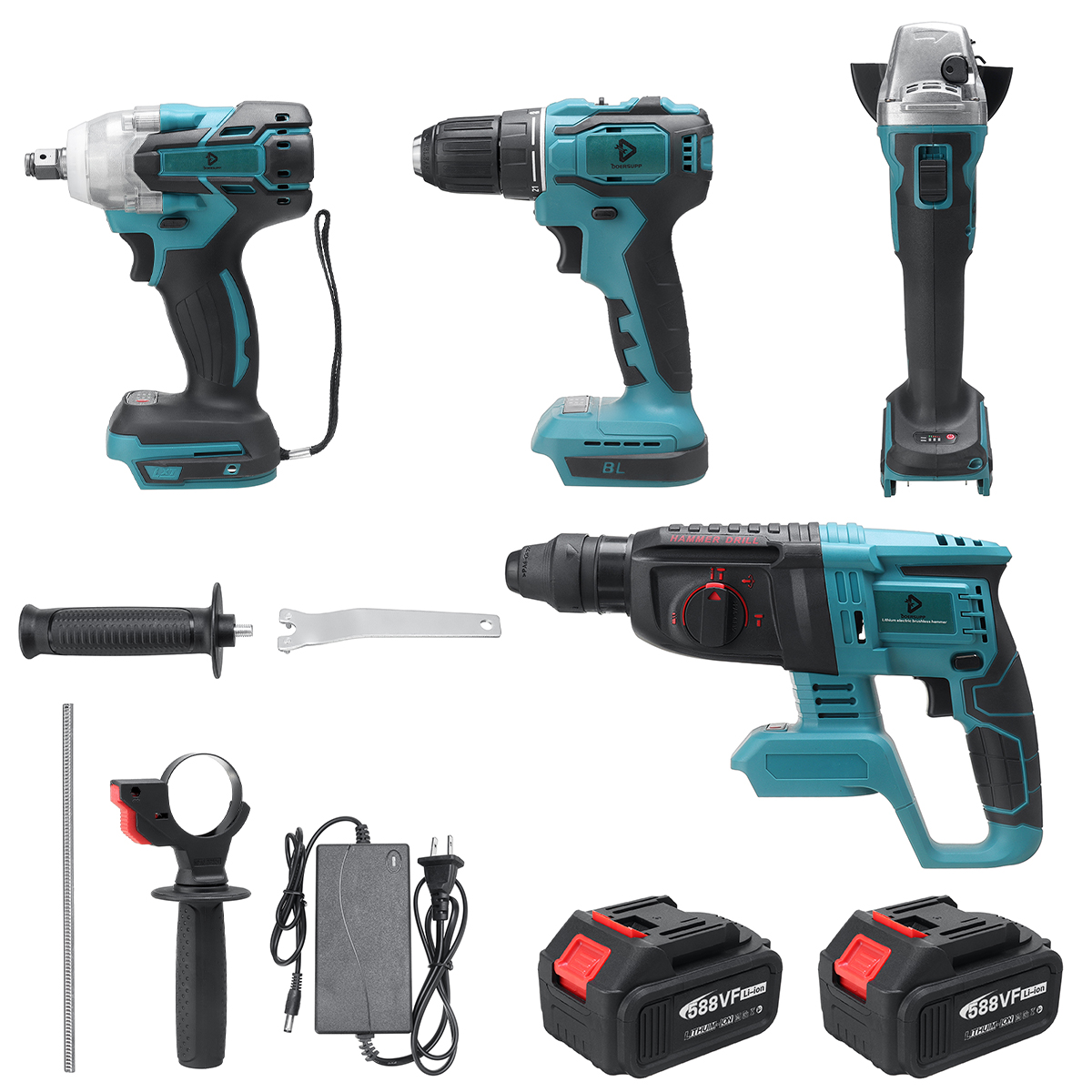 Find Doersupp 588VF 4Pcs Li ion Battery Power Tool Set Angle Grinder Cordless Drill Hammer Electric Wrench Fit Makita for Sale on Gipsybee.com with cryptocurrencies