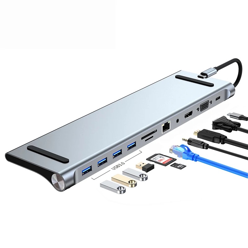 Find 11 in 1 Type C USB Hub Stand 4K HDMI 100W PD Charging Docking Station with USB 3 0 1/ USB 2 0 3/ PD Charge 1/ 1080P VGA 1/ 4K HDMI 1/ AUX 1/ RJ45 1/ TF Reader 1/ SD Reader 1 for Sale on Gipsybee.com