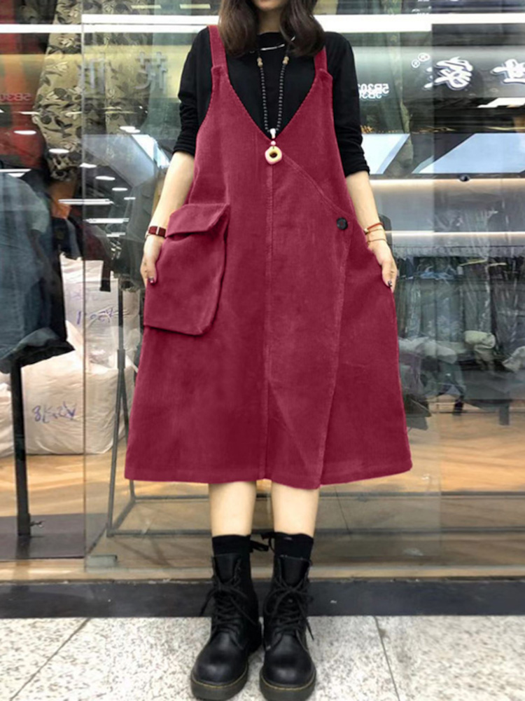 Women Corduroy V-Neck Sleeveless Solid Retro Casual Pockets Dress 7