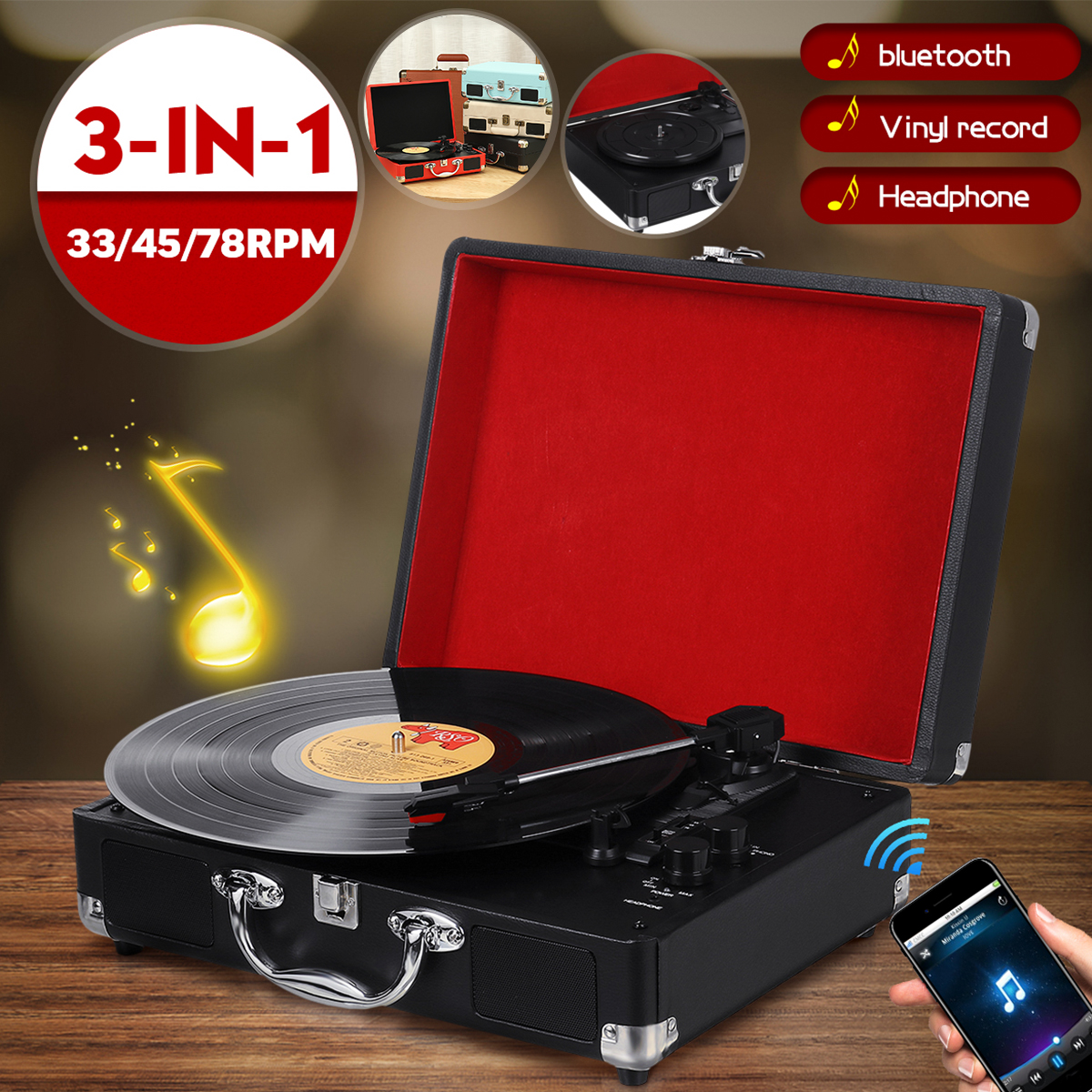 Find Vinyl Turntable Record Player LP Disc 33/45/78 RPM bluetooth Portable Leather Gramophone Phonograph Speaker 3.5mm Antique Retro for Sale on Gipsybee.com with cryptocurrencies