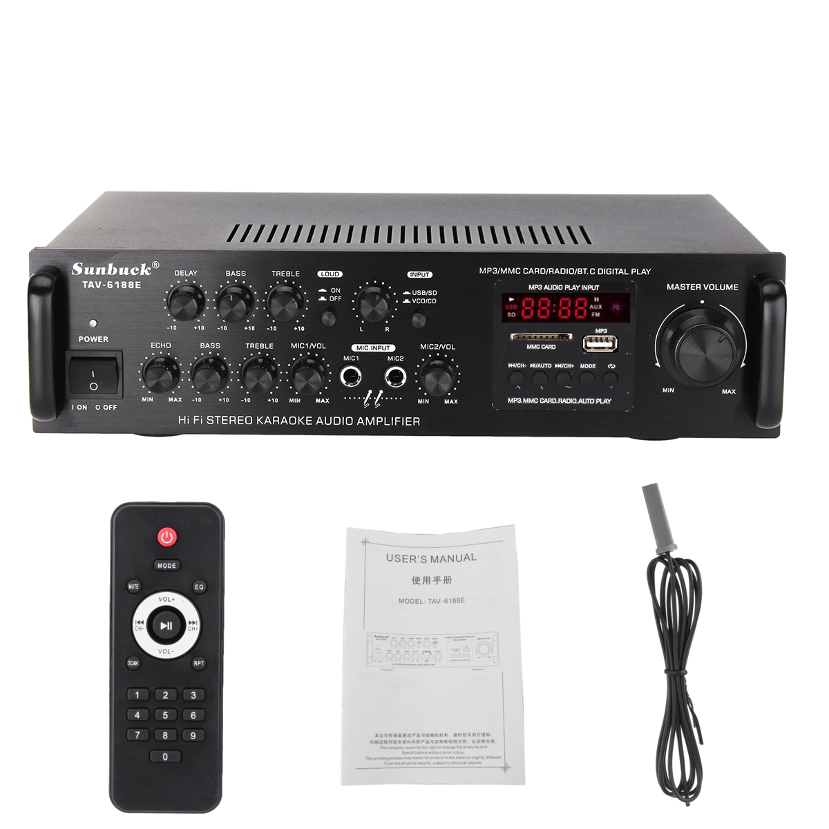 Sunbuck TAV-6188E 200W Bluetooth 5.0 Amplificatore Audio Stereo Home Theater AMP 2CH AUX USB FM SD 9
