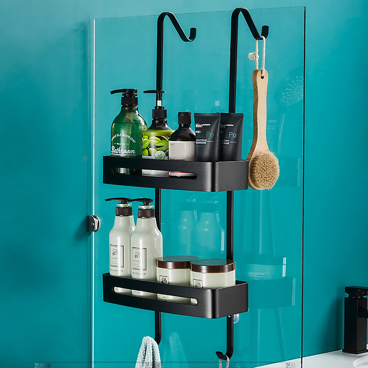 Find Black Hanging Bath Shelves Bathroom Shelf Organizer Nail free Shampoo Holder for Sale on Gipsybee.com with cryptocurrencies
