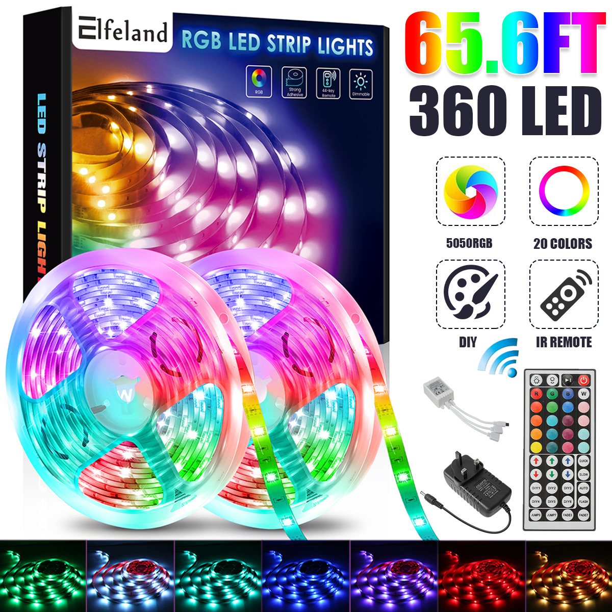 Find Elfeland 20m 65 6FT SMD Led Strip Lights 360LED RGB 5050 Strip Light Non Waterproof Flexible DC12V With 44 Key Remote Control for Sale on Gipsybee.com with cryptocurrencies