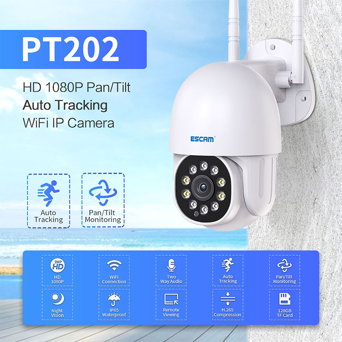 PT202 1080P WiFi IP Videocamera Visione Notturna Rilevamento Automatico delle Figure Umane per ESCAM 3