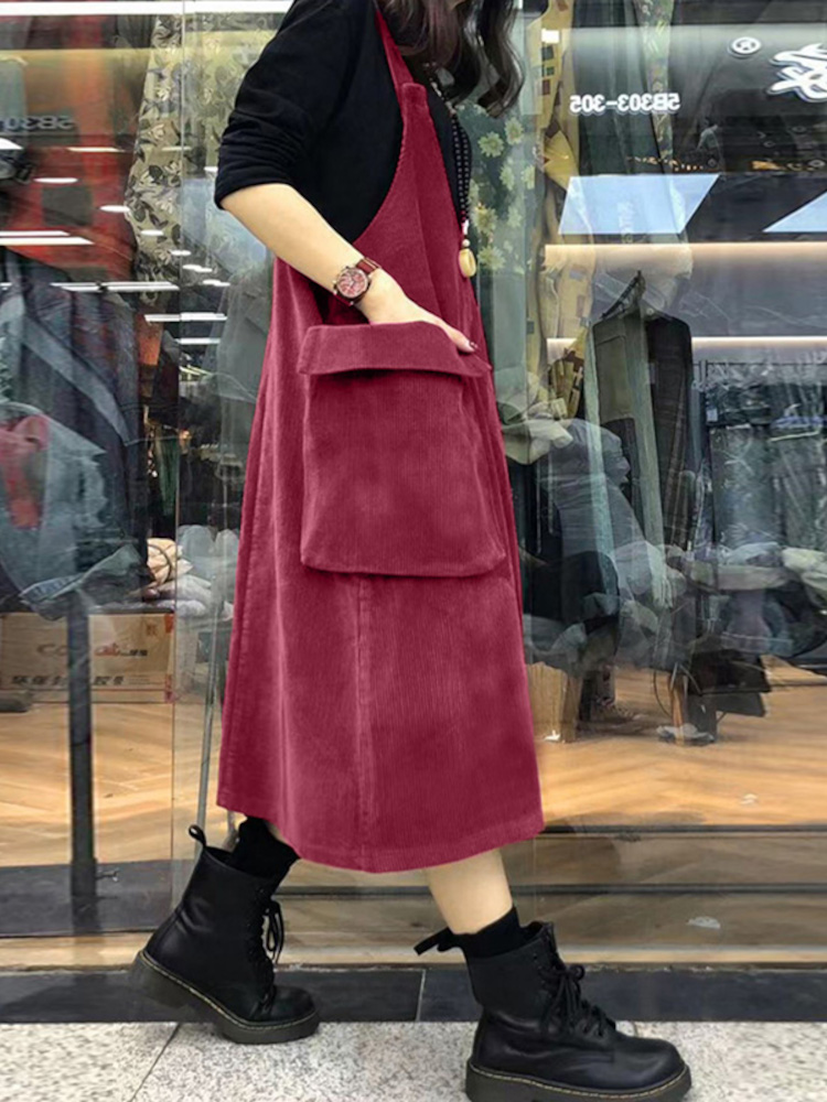 Women Corduroy V-Neck Sleeveless Solid Retro Casual Pockets Dress 8